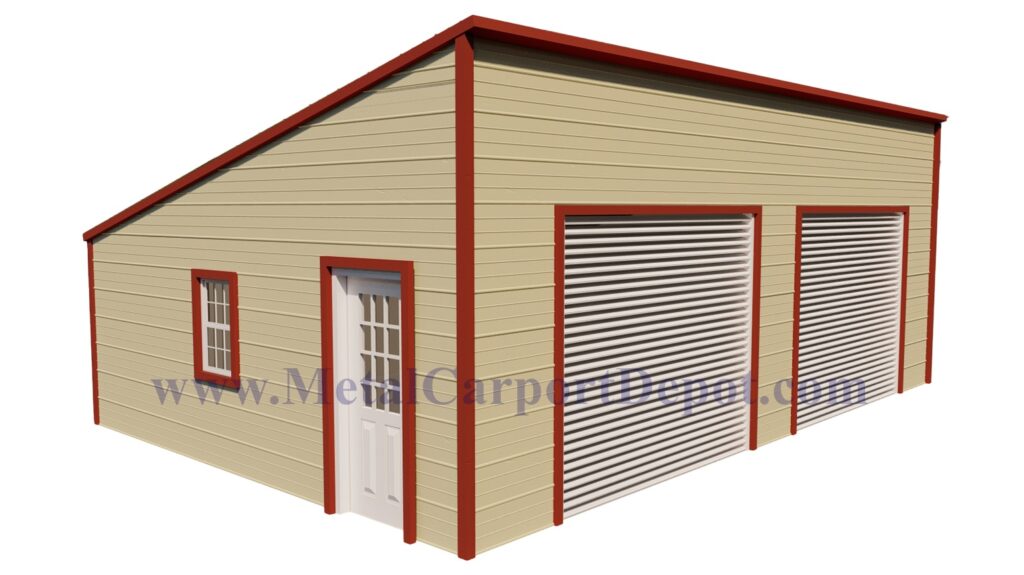 Single Slope Metal Building Image With Red Roof and Red Trim with Rawhide Walls