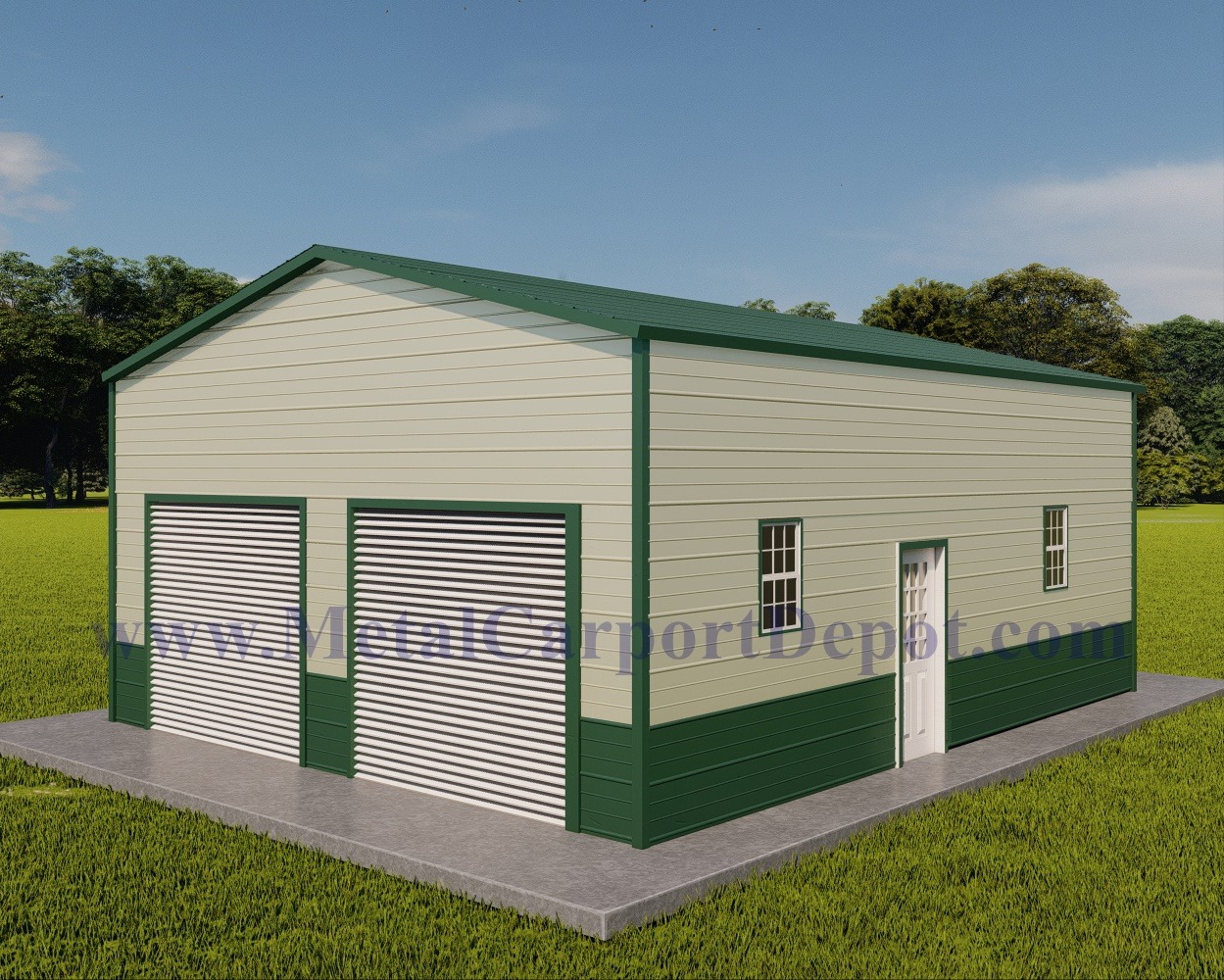 Metal Enclosed Garage Image With Green Roof, Green Trim, and White Walls. Also shown with lower 3' Green Wainscot on bottom