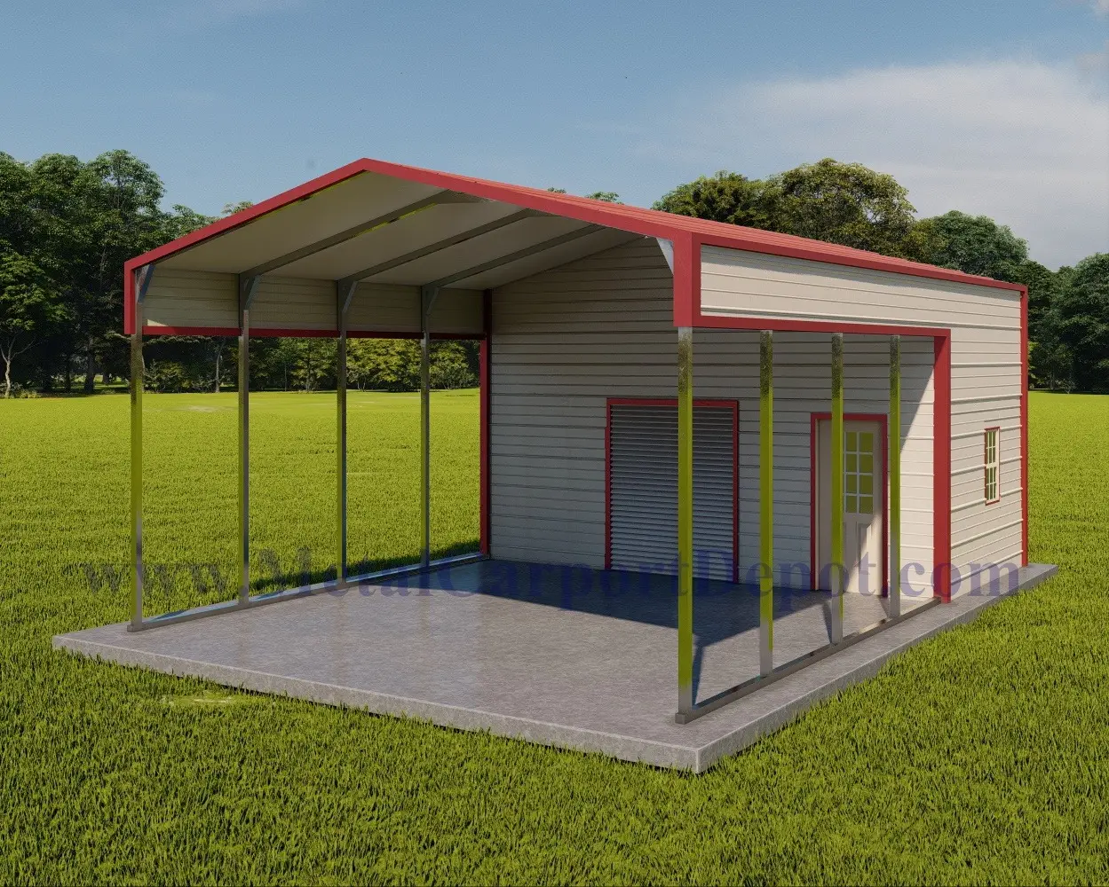 Metal Carport/Storage Combo Unit Image With Red Roof, Red Trim, and Pebble Beige Walls