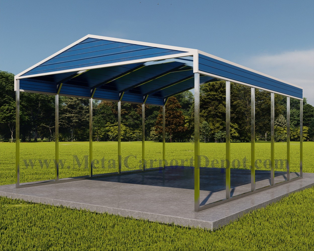 Metal Carport Image With Royal Blue Roof, White Trim, and Royal Blue Gables and panels