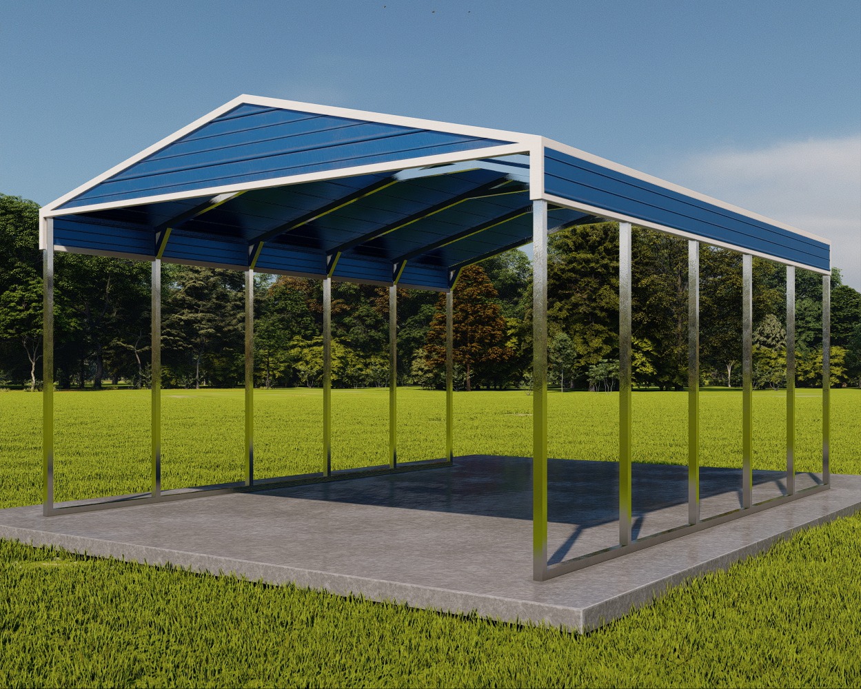 Image of metal carport with blue roof and white trim
