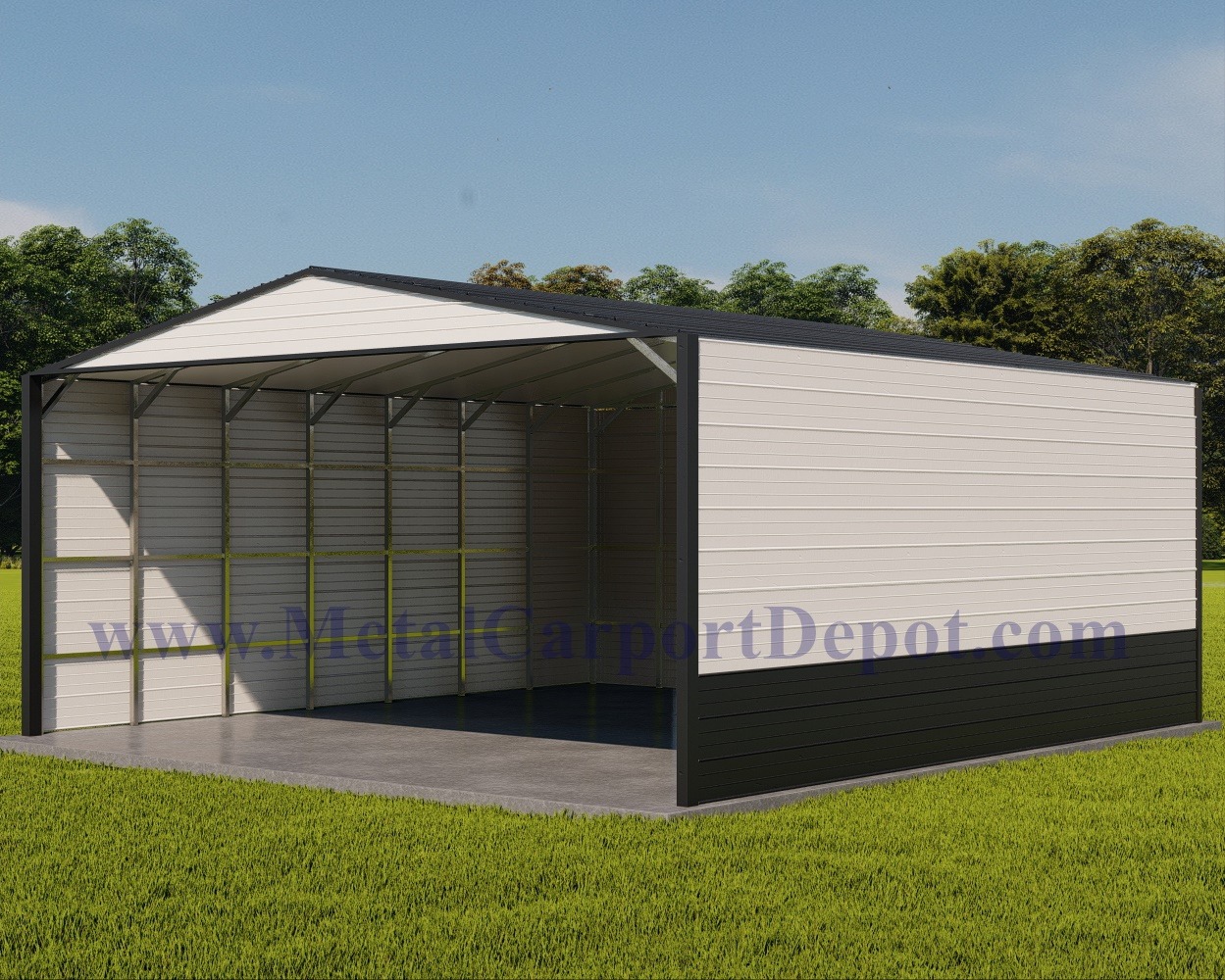 Wide Span Metal Structure Image With Black Roof, Black Trim, White Walls, and lower 3' wainscot