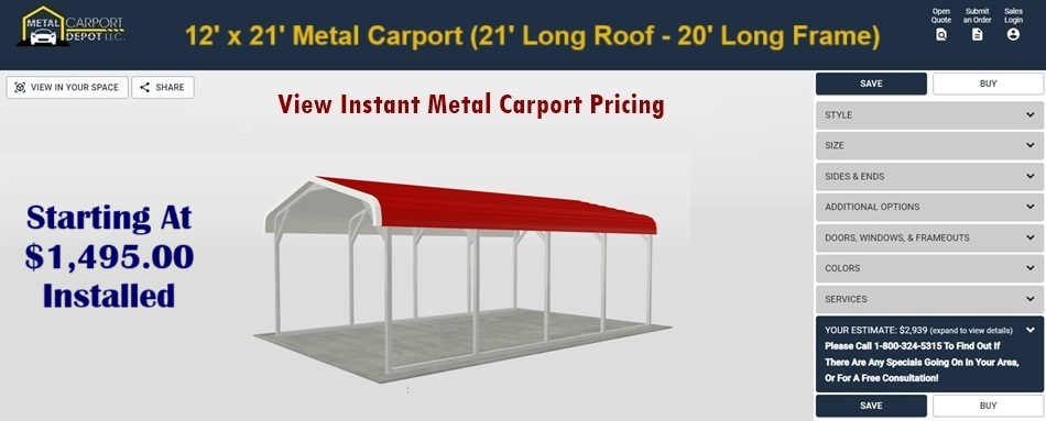 a metal carport with a red roof